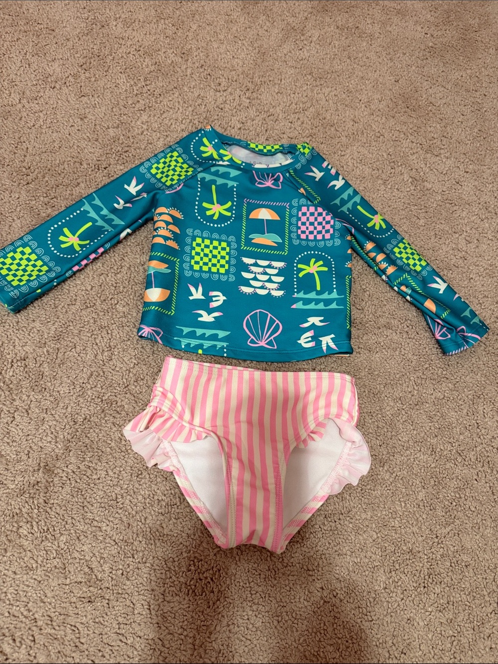 Cat & Jack Teal Patterned Rash Guard with Pink Stripe Ruffle Bottoms